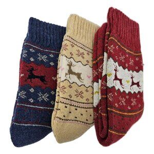 Women Socks Merino Lamb Wool Crew Warm Winter Casual, Holiday Print 3 Pairs NEW